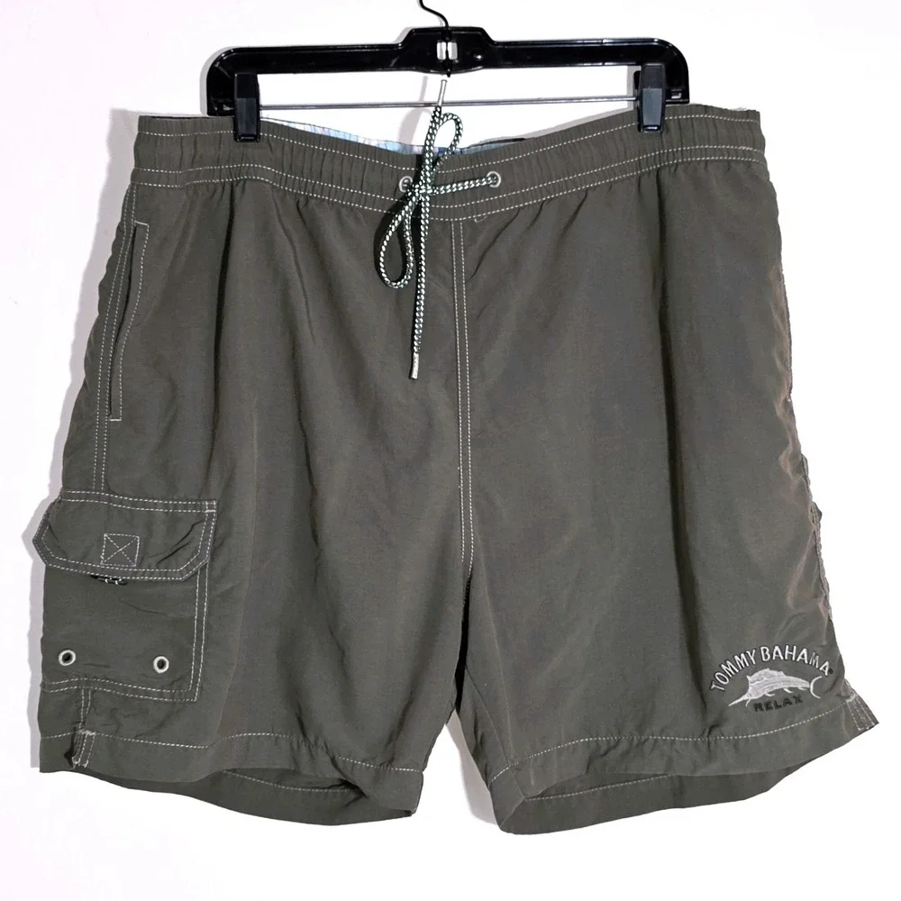 Tommy Bahama Swim Trunks Mens Size Large Olive Green Relax Cargo Mesh Liner Good